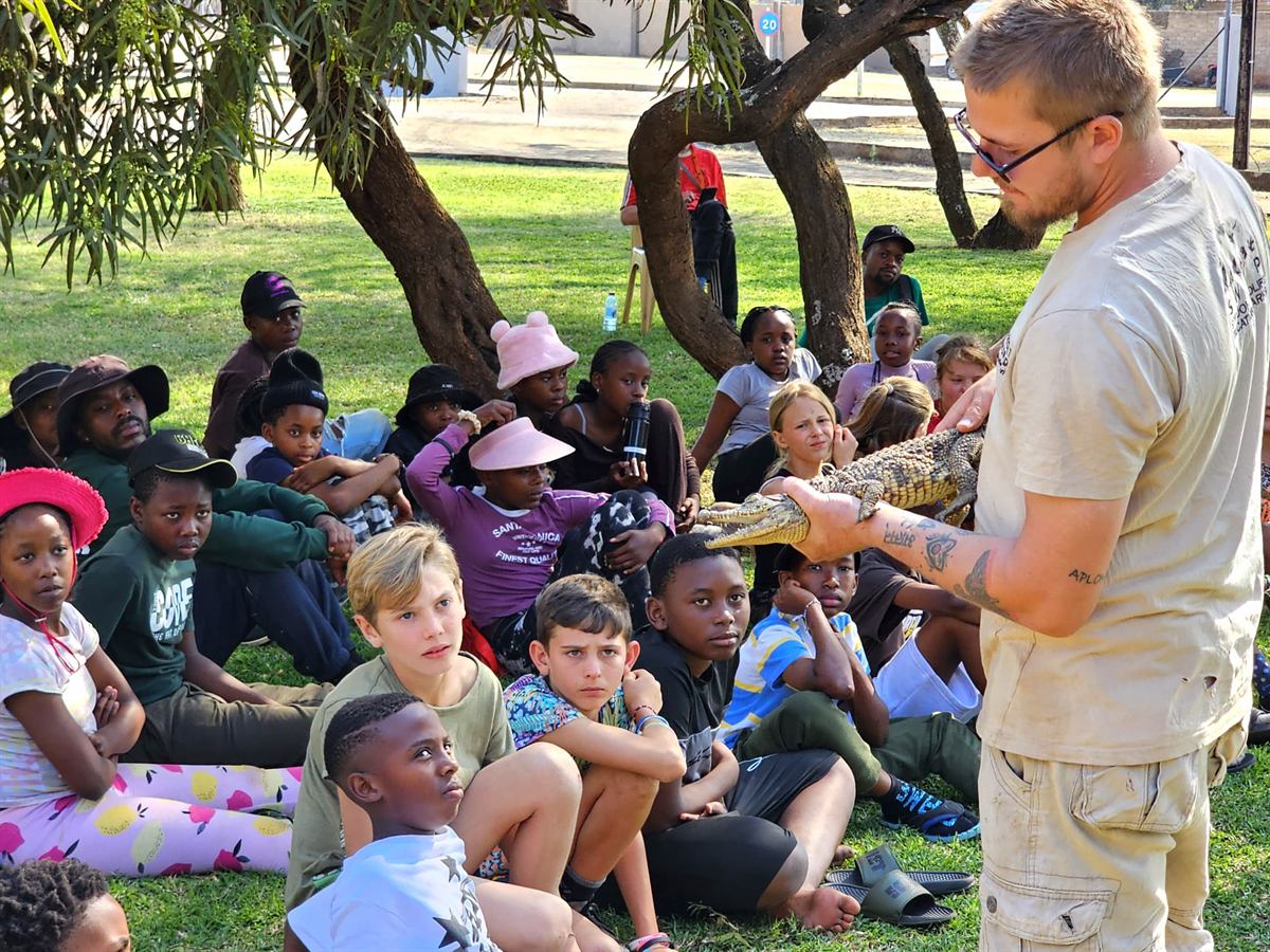 The handler holds a small crocodile at arm's length as seated campers look on