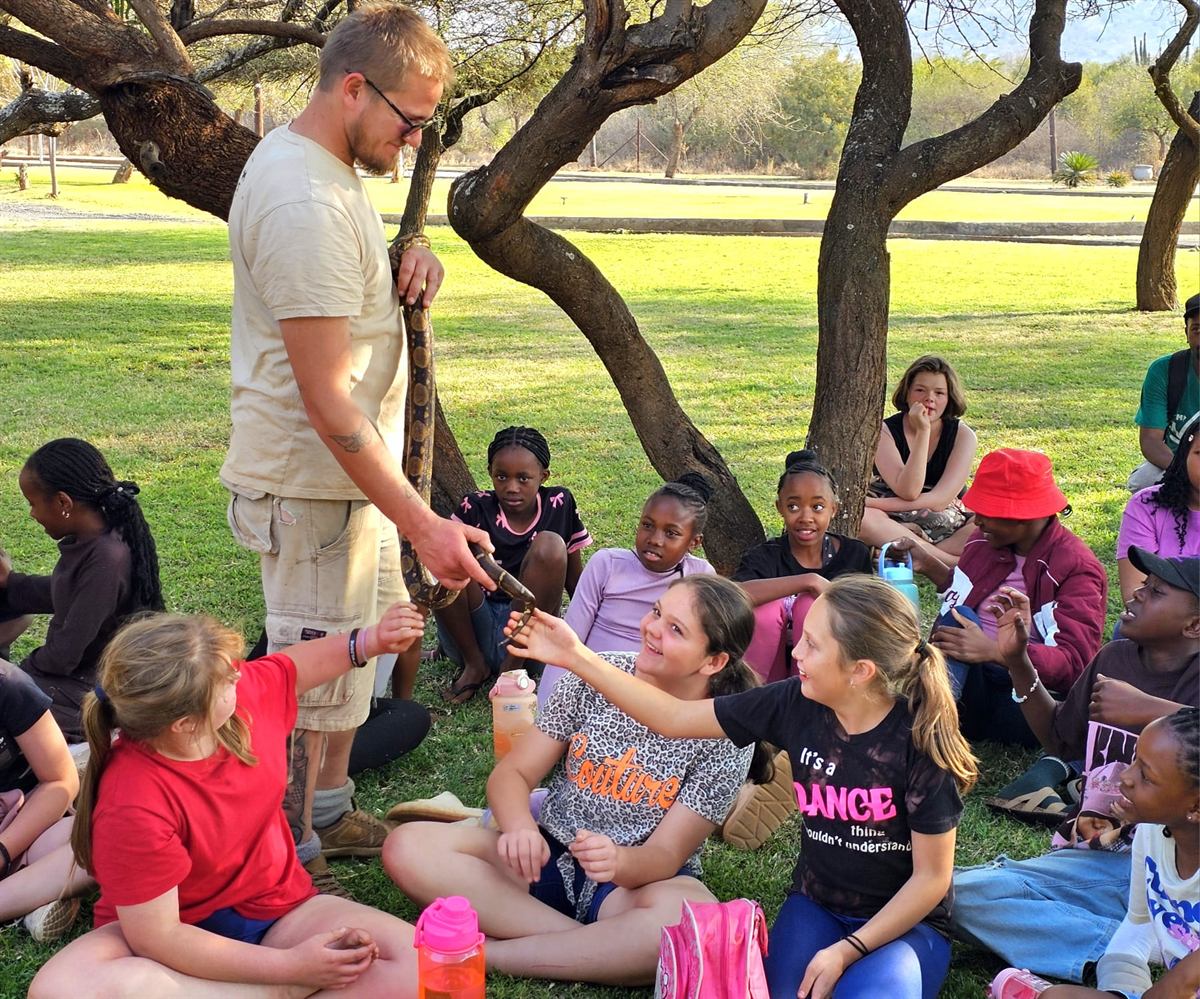 Campers reach out to touch a snake held by the reptile handler on the lawn